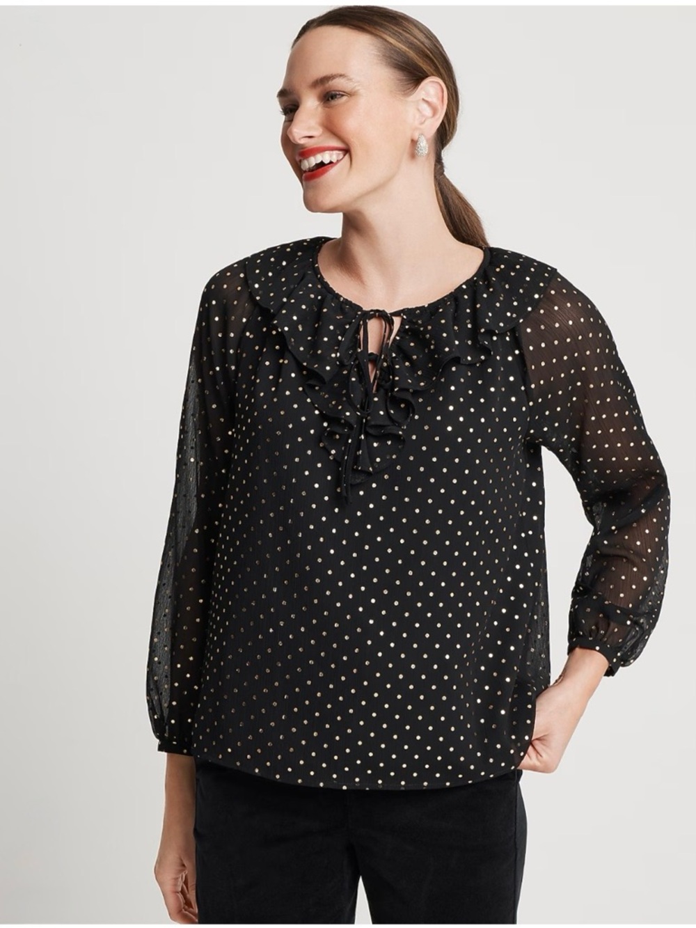 NWT J.Crew Black with Gold Polka-Dot Ruffle Tie-Front Top Size S Small
